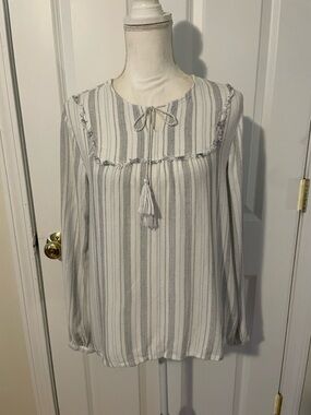 cloth & stone White and Light Gray Striped Tassel Tie Tunic